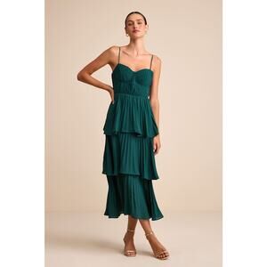 NWT Lulus Cascading Crush Emerald Tiered Bustier Midi Dress Wedding Banquet Sz M